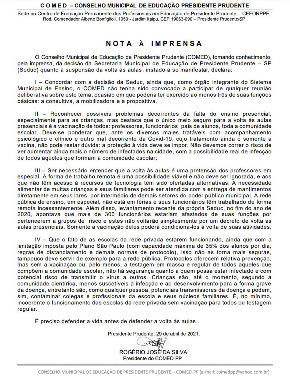 Nota do Comed sobre suspensão do retorno de aulas presenciais em Presidente Prudente — Foto: Reprodução