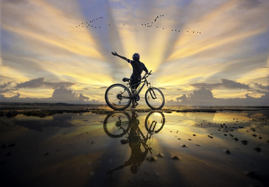 Pessoa anda de bicicleta em paisagem natural enquanto pássaros voam