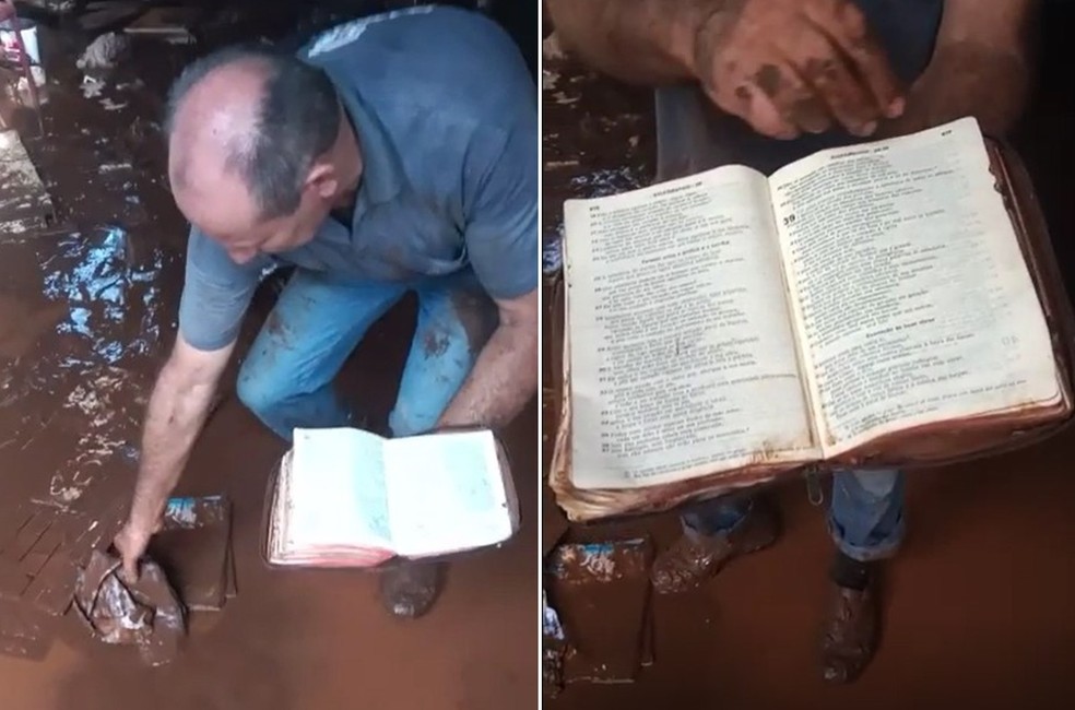 Empresário acha Bíblia ‘aberta e seca’ em meio a lamaçal que inundou serraria durante enchente em Jaú — Foto: Arquivo pessoal