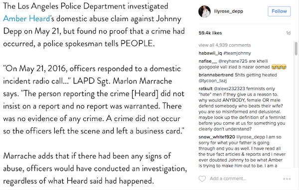 O trecho da matéria publicado por Lily-Rose Depp em defesa de seu pai (Foto: Instagram)
