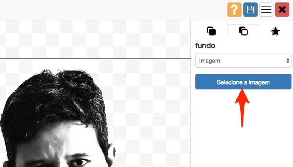 Ação para abrir o explorador de arquivos para escolher no computador uma imagem de fundo para uma foto editada no PhotoScissors — Foto: Reprodução/Marvin Costa