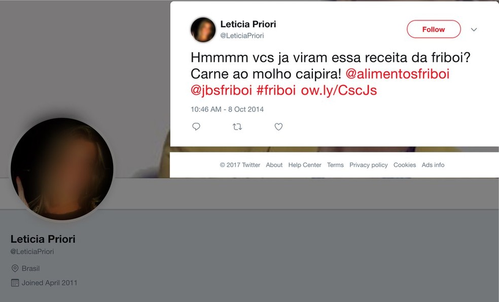 Perfil que usa foto de mulher morta elogia o frigorífico Friboi (Foto: Reprodução, Twitter)