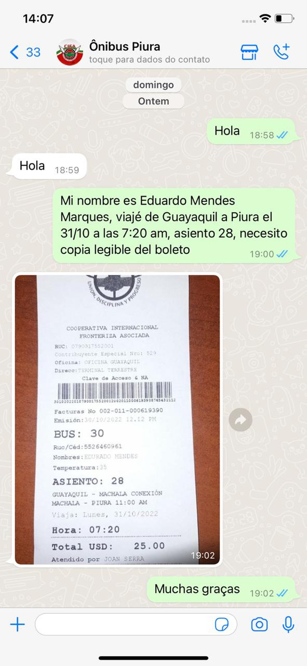 C&oacute;pia da passagem de &ocirc;nibus usada pelo torcedor para ingressar em Lima  &mdash; Foto: Arquivo pessoal 