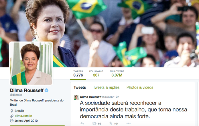 Dilma Roussef é destaque como líder político que mais ganhou seguidores no Twitter (Foto: Reprodução/Twitter)