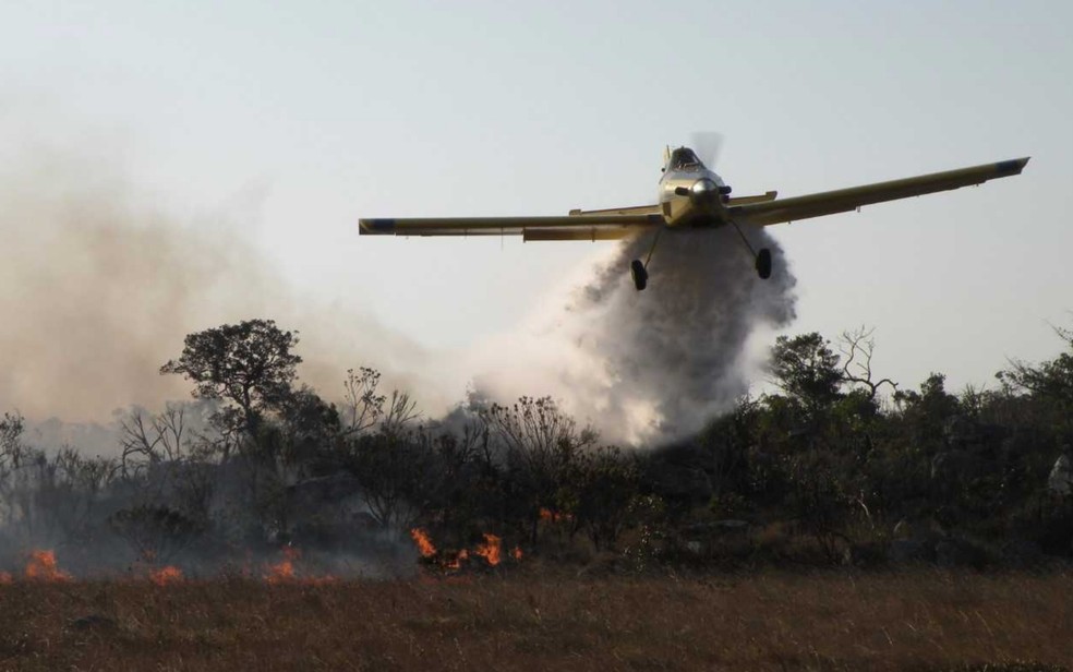 Cinco aeronaves e mais de 100 brigadistas combatesm as chamas no Parque Nacional da Chapada dos Veadeiros, em Goiás (Foto: Fernando Tatagiba/ ICMBio)