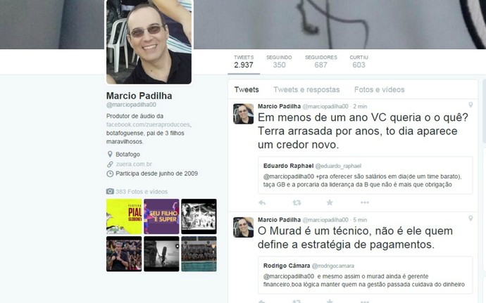 Twitter Márcio Padilha Botafogo (Foto: Reprodução / Twitter) Twitter Márcio Padilha Botafogo (Foto: Reprodução / Twitter)