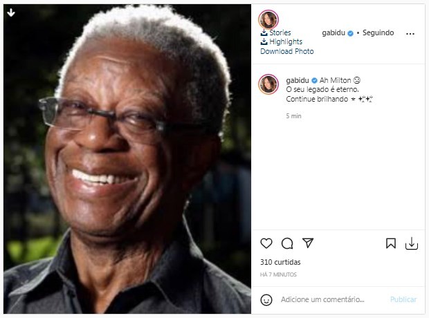 Gabriela Duarte lamenta morte de Milton Gonçalves (Foto: Reprodução/Instagram)