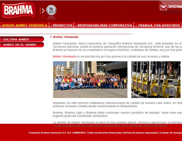 Site da Ambev Venezeula diz que produção e distribuição ocorre a partir de Barquisimeto. (Foto: Reprodução/site Ambev Venezuela)