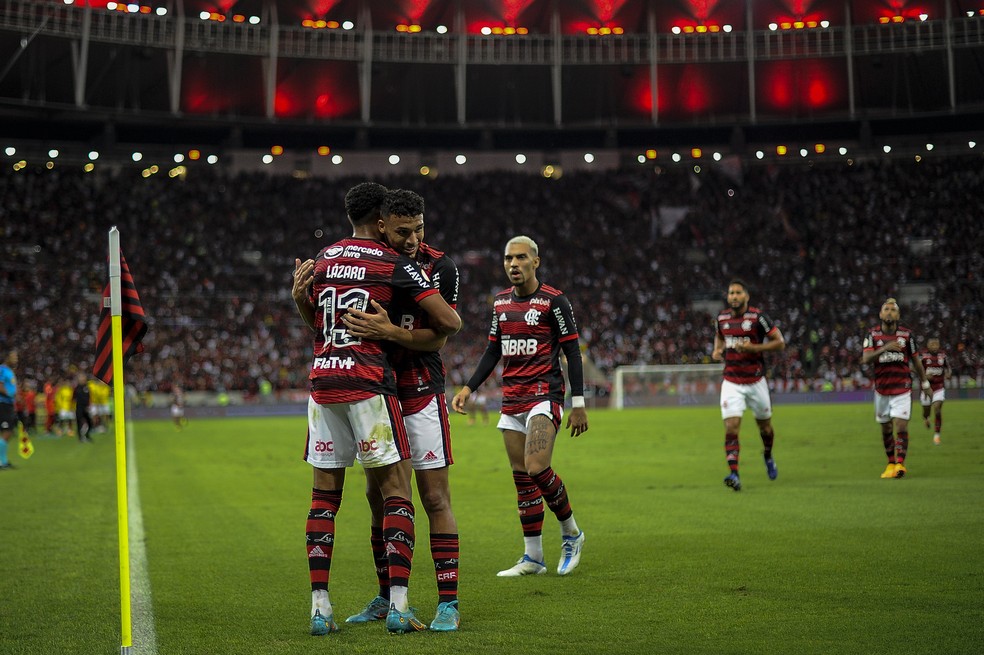 Garotada do Flamengo comemora gol contra o Atlético-GO — Foto: Marcelo Cortes/Flamengo