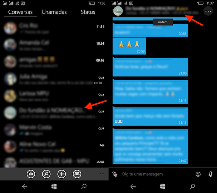 Caminho para acessar as opções para um chat no WhatsApp para Windows Phone (Foto: Reprodução/Marvin Costa)