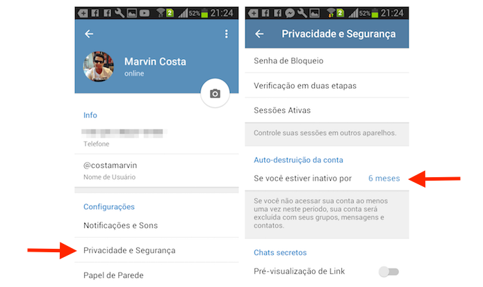 Acesso para a opção de autodestruição de uma conta do Telegram no Android (Foto: Reprodução/Marvin Costa)