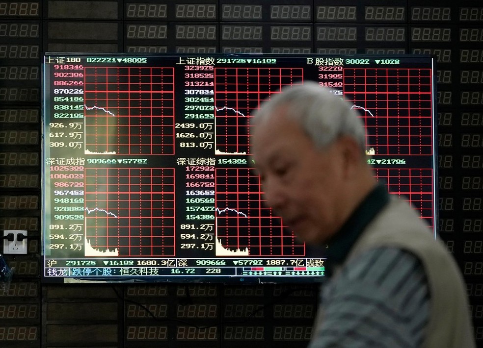 Investidor passa em frente a display de ações em Xangai, China, nesta segunda-feira (6)  — Foto: Aly Song/Reuters