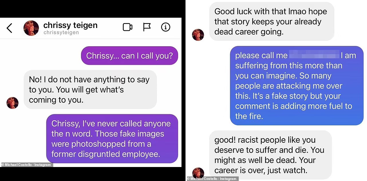 Michael Costello compartilhou no Instagram supostas trocas de mensagens privadas com Chrissy Teigen; modelo afirma que capturas de tela foram falsificadas (Foto: Reprodução / Instagram)