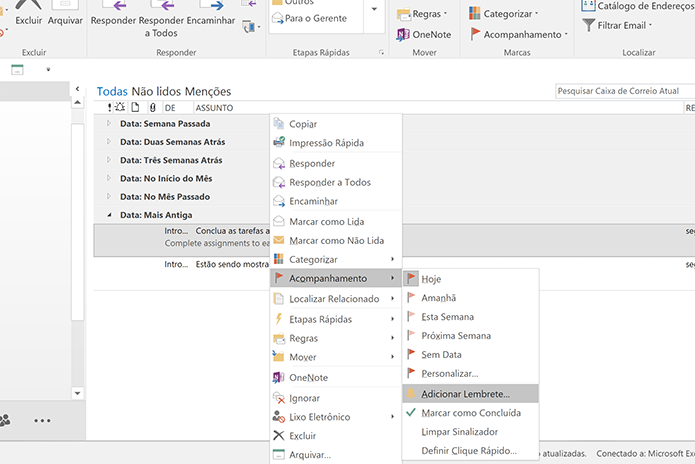 Outlook possui atalho para criar lembretes com botão direito do mouse (Foto: Reprodução/Elson de Souza)