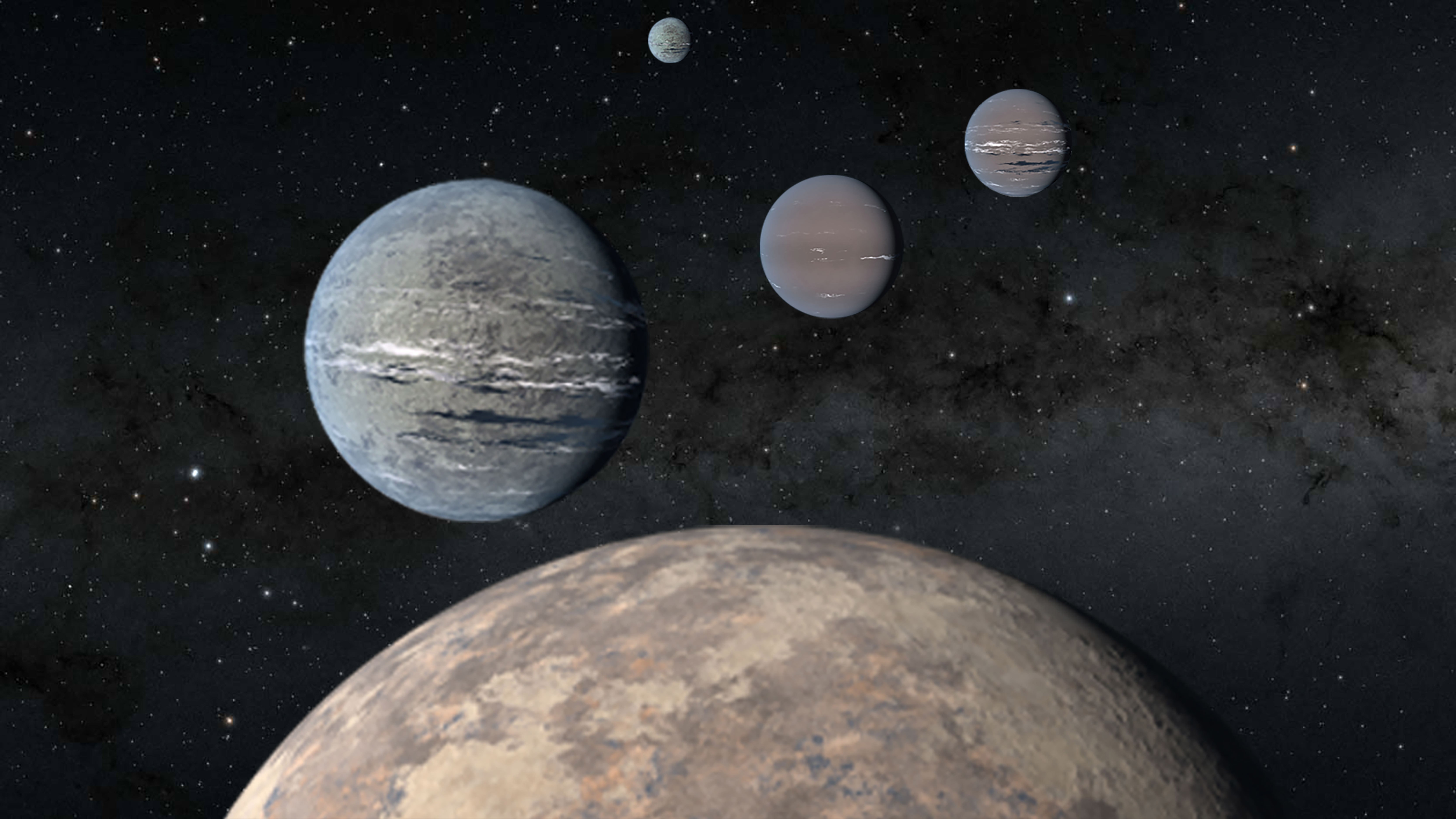 Representação artística dos quatro planetas que orbitam TOI 1233 (Foto: Center for Astrophysics | Harvard & Smithsonian)