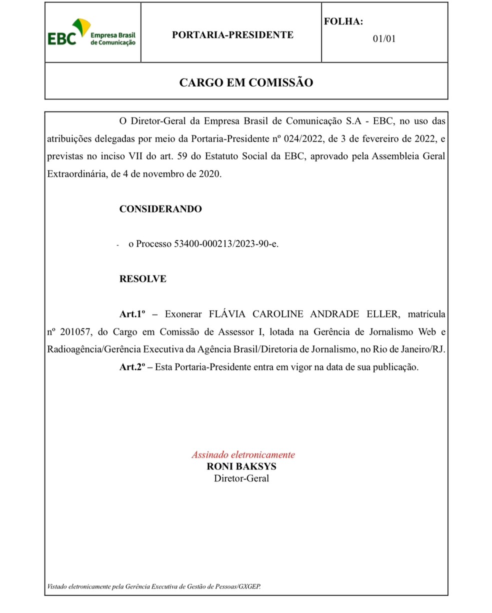 Documento da exoneração de Flavia Caroline de Andrade Eller, conhecida como Karol Eller — Foto: Reprodução