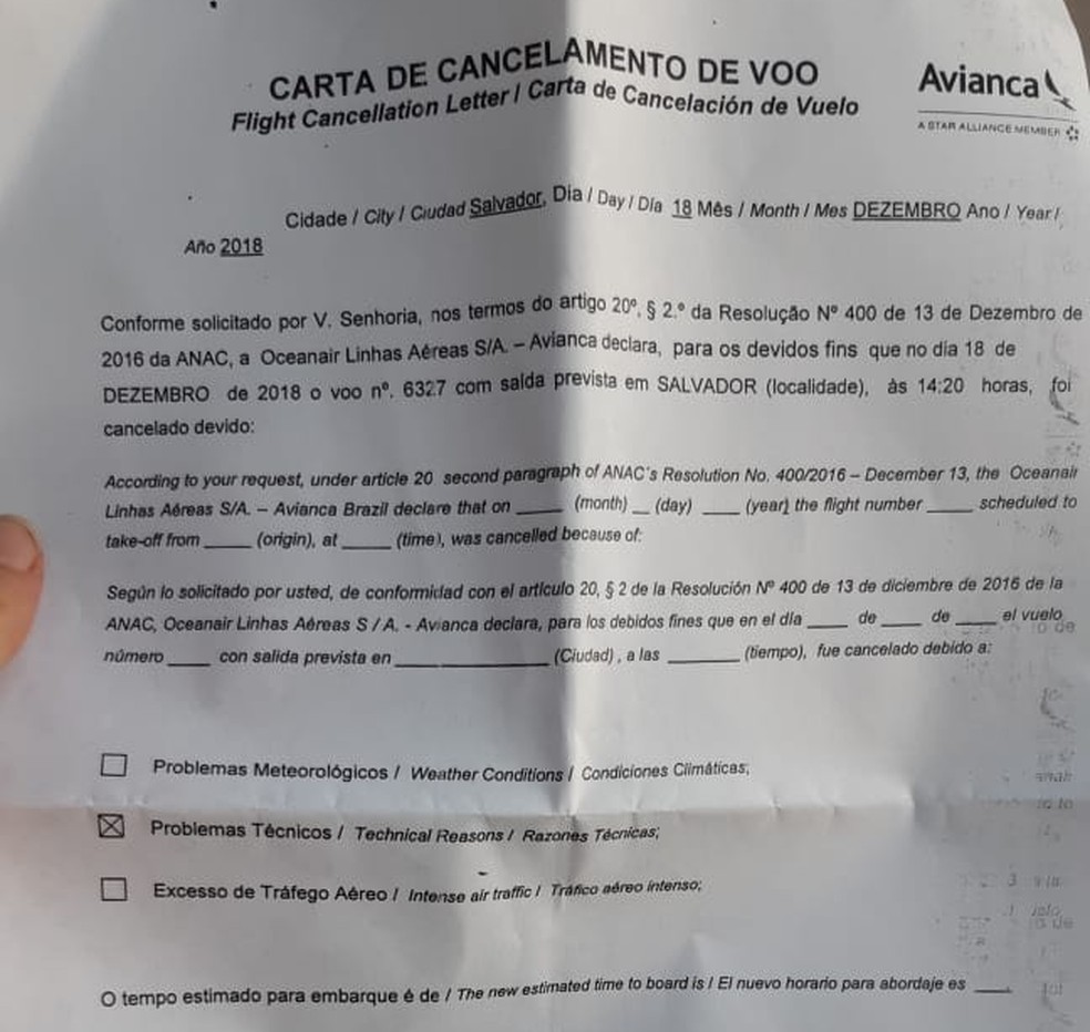 Voo cancelado em Salvador  — Foto: Arquivo Pessoal 
