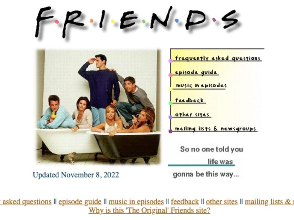 Site Original de Friends possibilita ler os episódios da série e as letras das músicas — Foto: Reprodução/Kátia Moura