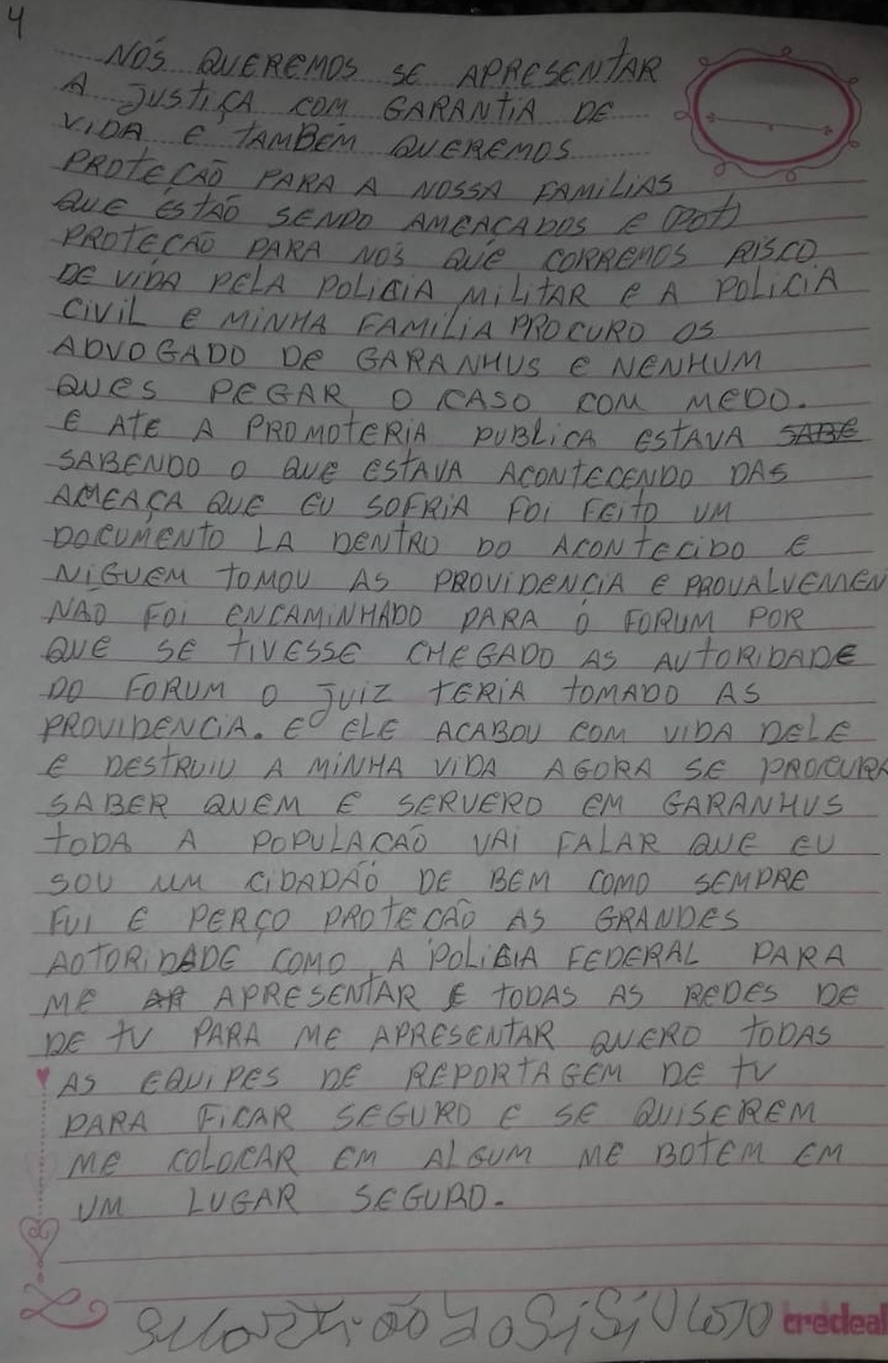 Quarta e última parte da carta escrita por Sebastião José Severo — Foto: Roberto Marques/ Arquivo pessoal