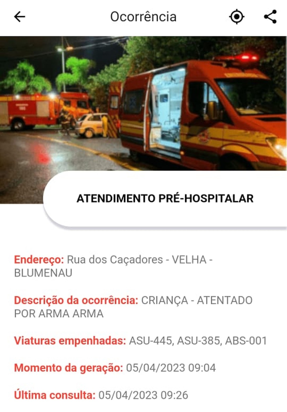 Corpo de Bombeiros registrou a ocorr&ecirc;ncia como 'crian&ccedil;a - atentado por arma' &mdash; Foto: Reprodu&ccedil;&atilde;o