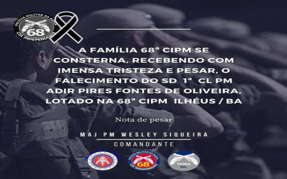 Polícia Militar de Ilhéus publicou nota de pesar pela morte do soldado em Castelo Novo — Foto: Reprodução/Redes Sociais