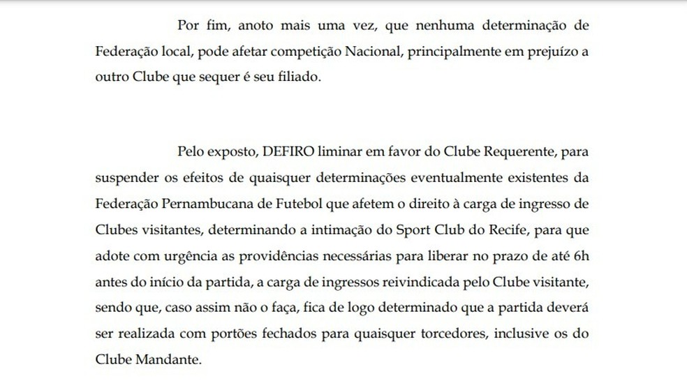 Decisão do STJD favorável à presença da torcida do Bahia em jogo contra o Sport — Foto: Reprodução