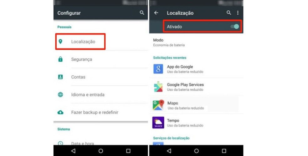 Procure por "Localização" nas configurações do Android