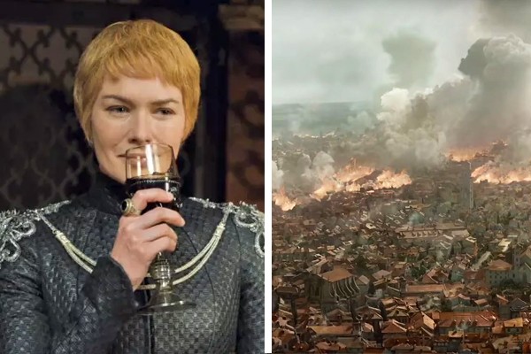 À esquerda, Lena Headey como Cersei em Game of Thrones; à direita, a cidade de Porto Real na série (Foto: reprodução)