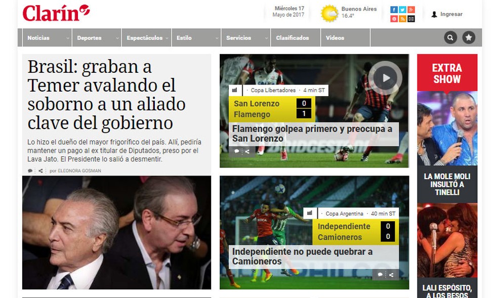 Site do jornal argentino El Clarín dá manchete ao caso envolvendo o presidente brasileiro Michel Temer (Foto: Reprodução/ El Clarín)