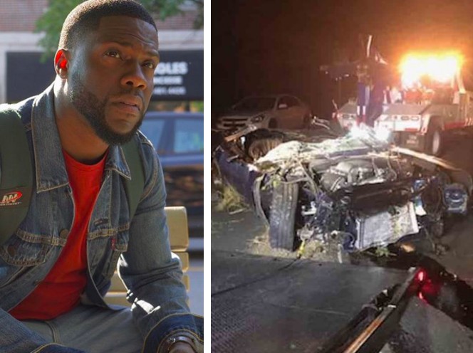 O ator Kevin Hart e o carro dele destruído no acidente em setembro de 2019 (Foto: Instagram/Reprodução)