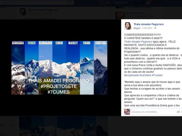 Mãe da Thaís publicou a notícia da sétima montanha nas redes sociais  (Foto: Reprodução/Facebook/ Thaís Amadei Pegoraro)