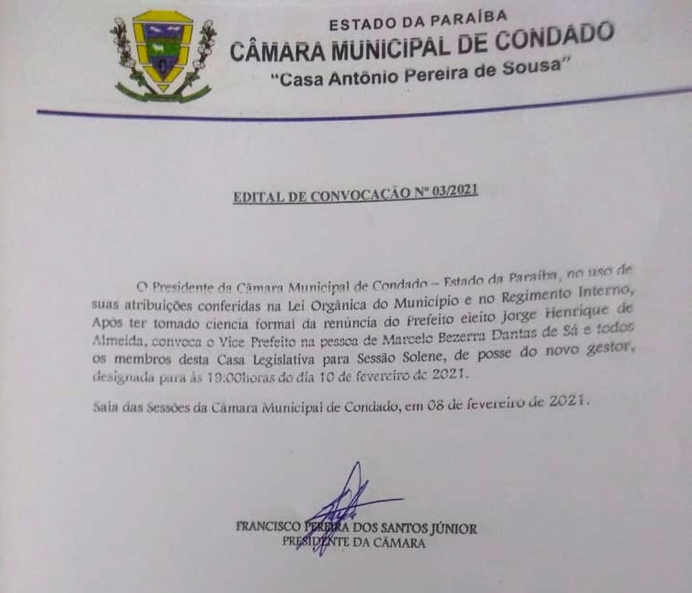Renúncia do prefeito de Condado foi entregue à Câmara Municipal — Foto: Reprodução/TV Cabo Branco