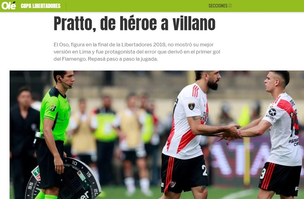 Jornal "Olé" destaca erro de Pratto na decisão — Foto: Reprodução de Internet