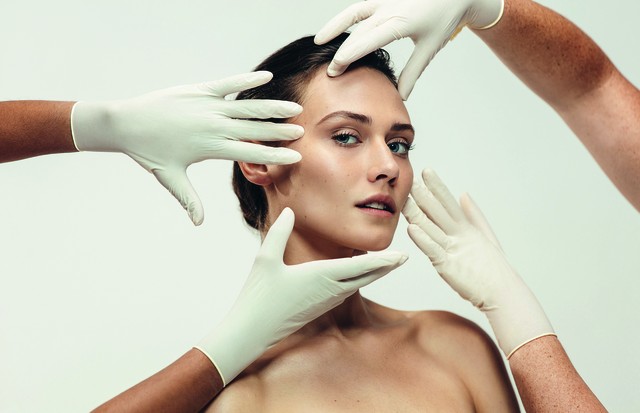 Beautician hands in gloves checking female face skin before aesthetic medical therapy. Woman going under cosmetic treatment on her facial skin. (Foto: Getty Images/iStockphoto)