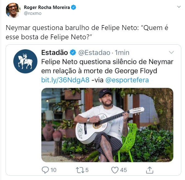 Roger Moreira em tweet na manhã de segunda (1) (Foto: Reprodução/Twitter)