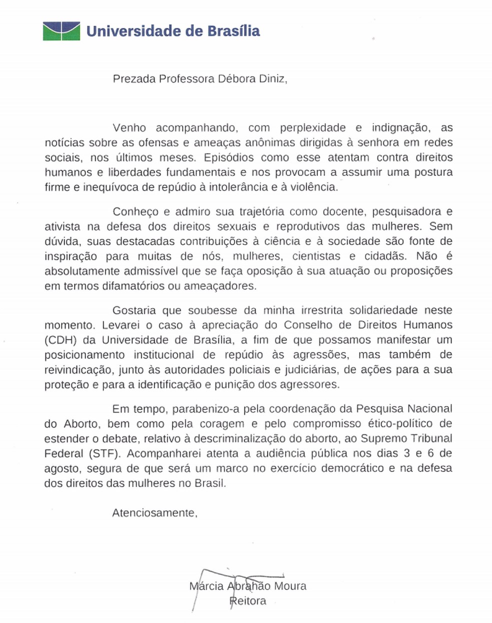 Carta enviada pela reitoria da UnB à professora Debora Diniz (Foto: Reprodução)