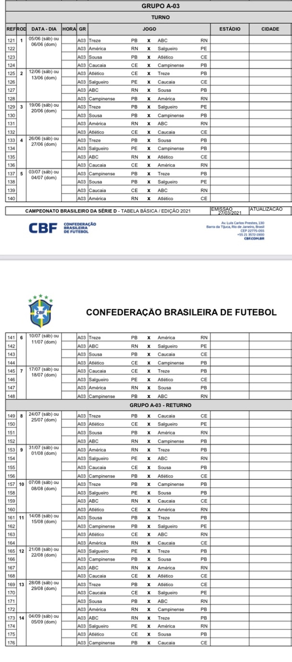 Tabela básica do Grupo A3 da Série D — Foto: Reprodução