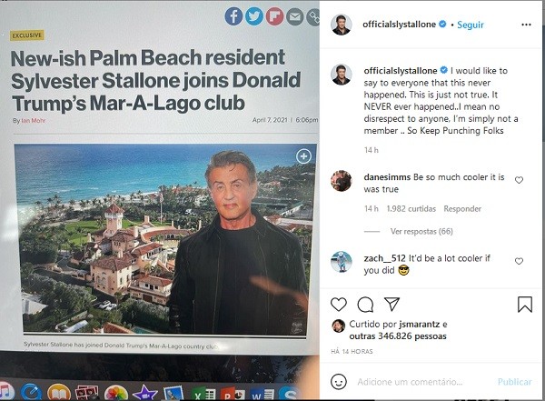 O post do ator Sylvester Stallone negando que tenha entrado para o clube privado de Donald Trump na Flórida (Foto: Instagram)