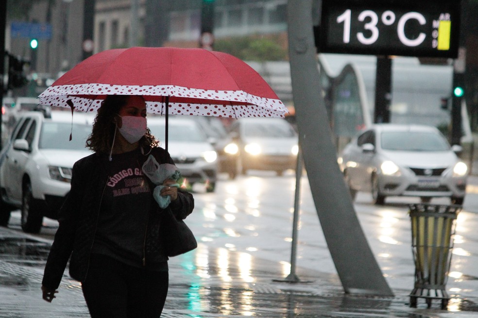 Pedestres se protegem do frio e da chuva na Avenida Paulista, na região central de São Paulo, na manhã de sexta-feira (21) — Foto: Fábio Vieira/Fotorua via Estadão Conteúdo
