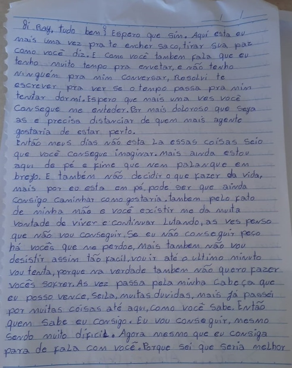 Carta escrita por José Paula Goveia em Alta Floresta do Oeste (RO) — Foto: Reprodução 