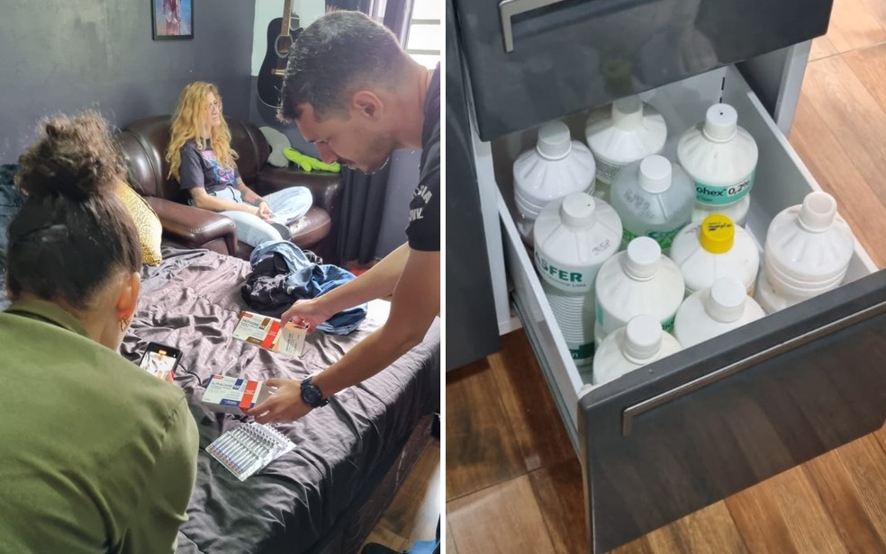 Momento em que a polícia averigua produtos do estúdio de Larissa Plaza, em Goiânia — Foto: Divulgação/Polícia Civil
