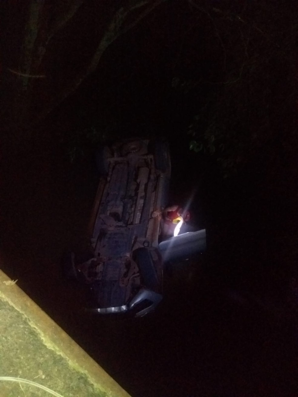Bombeiro vistoriando caminhonete que caiu de ponte &mdash; Foto: Bombeiros/Divulga&ccedil;&atilde;o