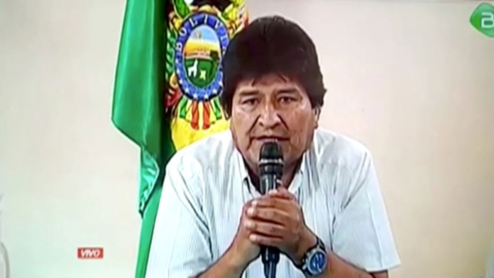 Reprodução da transmissão da renúncia de Evo Morales, em 10 de novembro de 2019 — Foto: Reprodução/TV do governo boliviano/Via Reuters