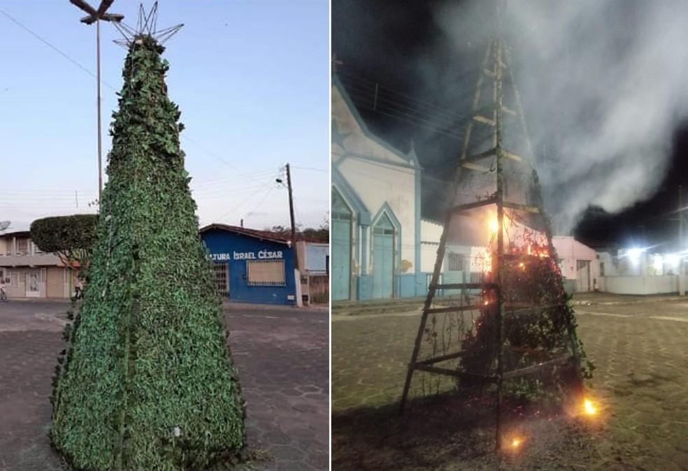 Árvore de Natal é alvo de incêndio e prefeitura diz que foi vandalismo — Foto: Divulgação/Prefeitura de Ubaitaba