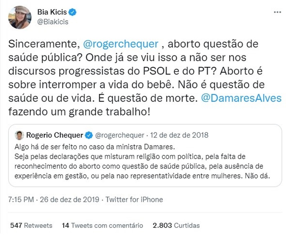 Em 2019, Bia Kicis deu sua opinião sobre o aborto no Twitter — Foto: Reprodução