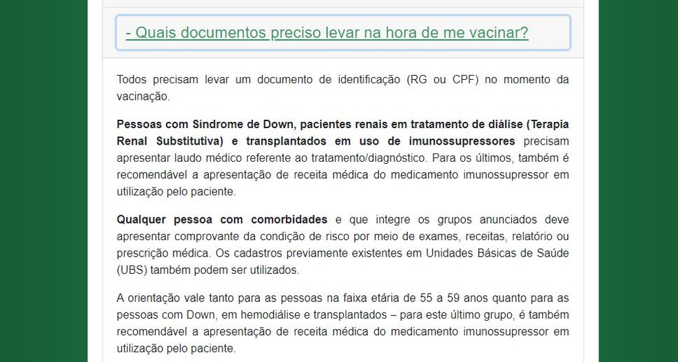 Informação sobre documentos necessários para a vacinação contra a Covid-19 disponível no site VacinaJá. — Foto: Reprodução