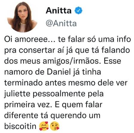 Anitta fala sobre atual affair de Juliette e ex do produtor desmente (Foto: Reprodução/Instagram)