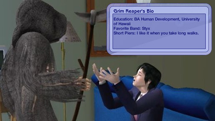 A biografia secreta da Morte em The Sims 2 revela detalhes divertidos, mas corrompe seu jogo (Foto: Reprodução/Rock, Paper, Shotgun e The Sims Wiki)
