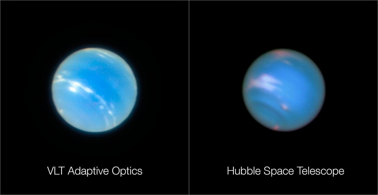 À esquerda, Netuno registrado pelo telesópio VLT, do ESO; à direita, pelo Telescópio Espacial Hubble, da Nasa/ESA  (Foto: ESO/P. Weilbacher (AIP)/NASA, ESA, and M.H. Wong and J. Tollefson (UC Berkeley))