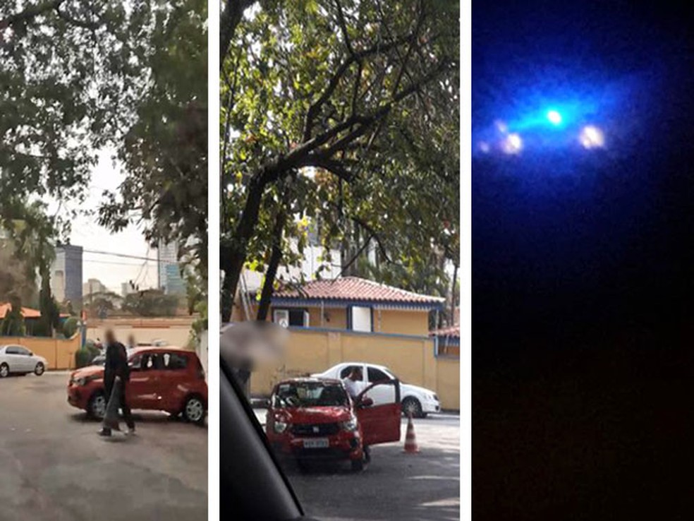 Segurança estaciona carro e retira cone; à direita carro circula com giroflex durante à noite; imagens foram feitas pelas travestis (Foto: Reprodução/WhatsApp)